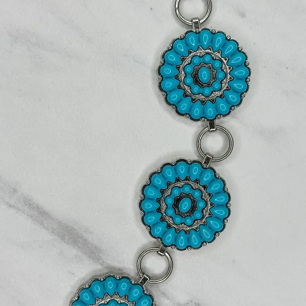 Chunky Blue Studded Concho Silver Chain Belt XS/Small (XS/S) Western Statement ✨